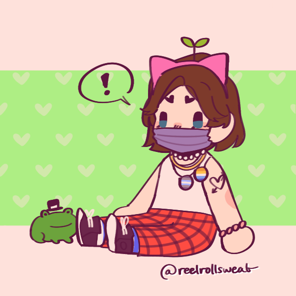 a picrew of a sitting person with brown hair and a purple mask.